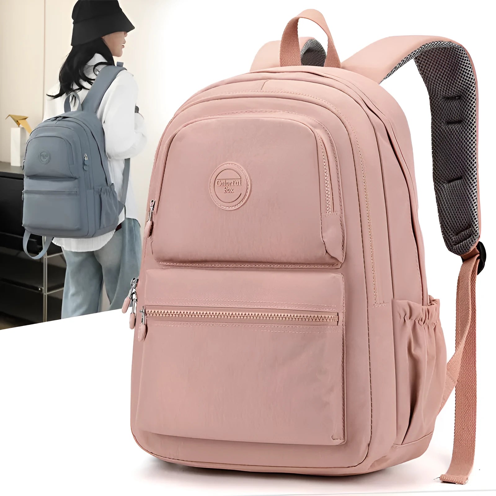 Women's large nylon travel backpack in celestite green showing front three-dimensional pocket and urban style.