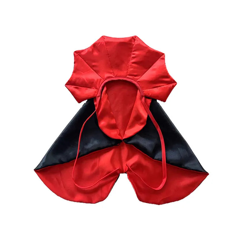 Halloween pet devil costume with bat cloak and pointed hat in red or purple colour options