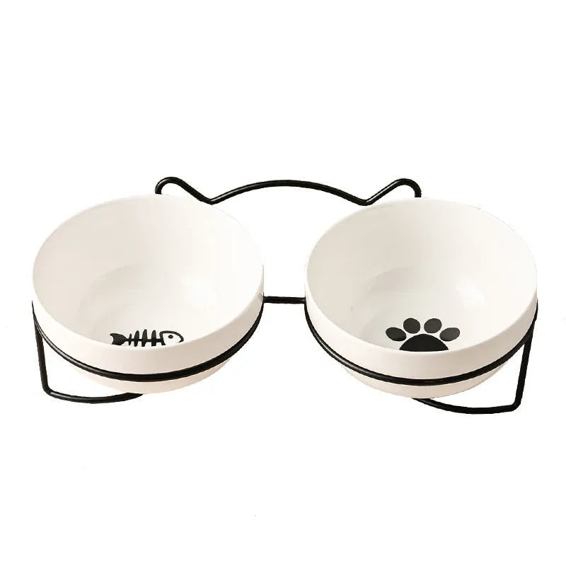 White ceramic cat bowl with cat paw pattern and black iron frame with cat ears