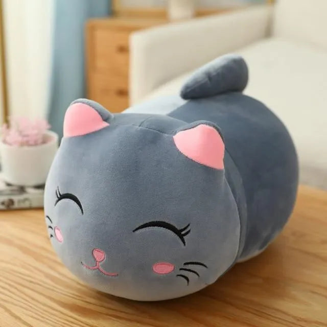 Grey fat cat plush rag doll stuffed toy made from stretch spandex fabric.