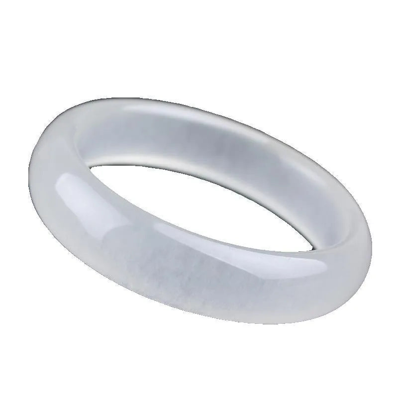 Gao bing jade bracelet in ice-white with flat rod and round rod style options on a wrist