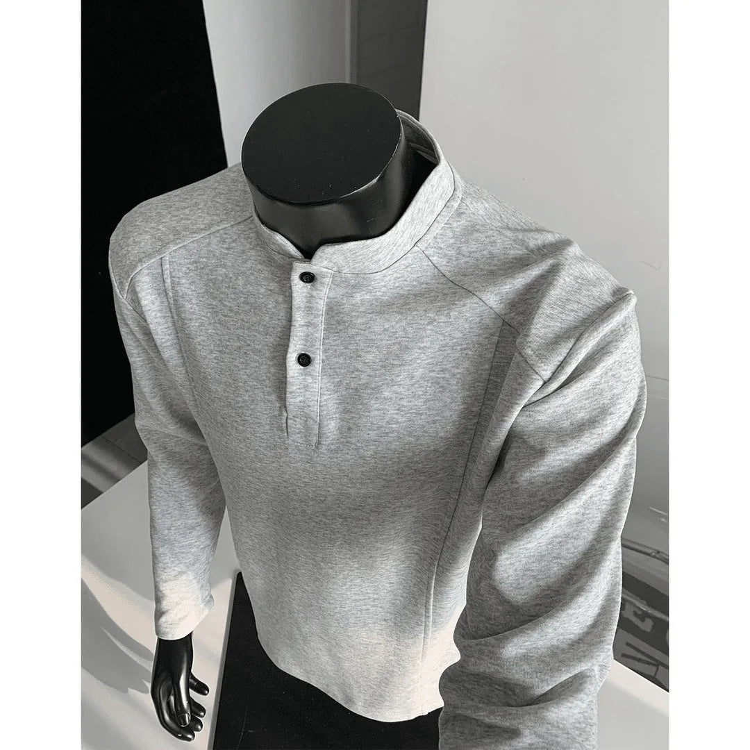 Men's grey asymmetric stand-up collar long sleeve polo shirt on a hanger.