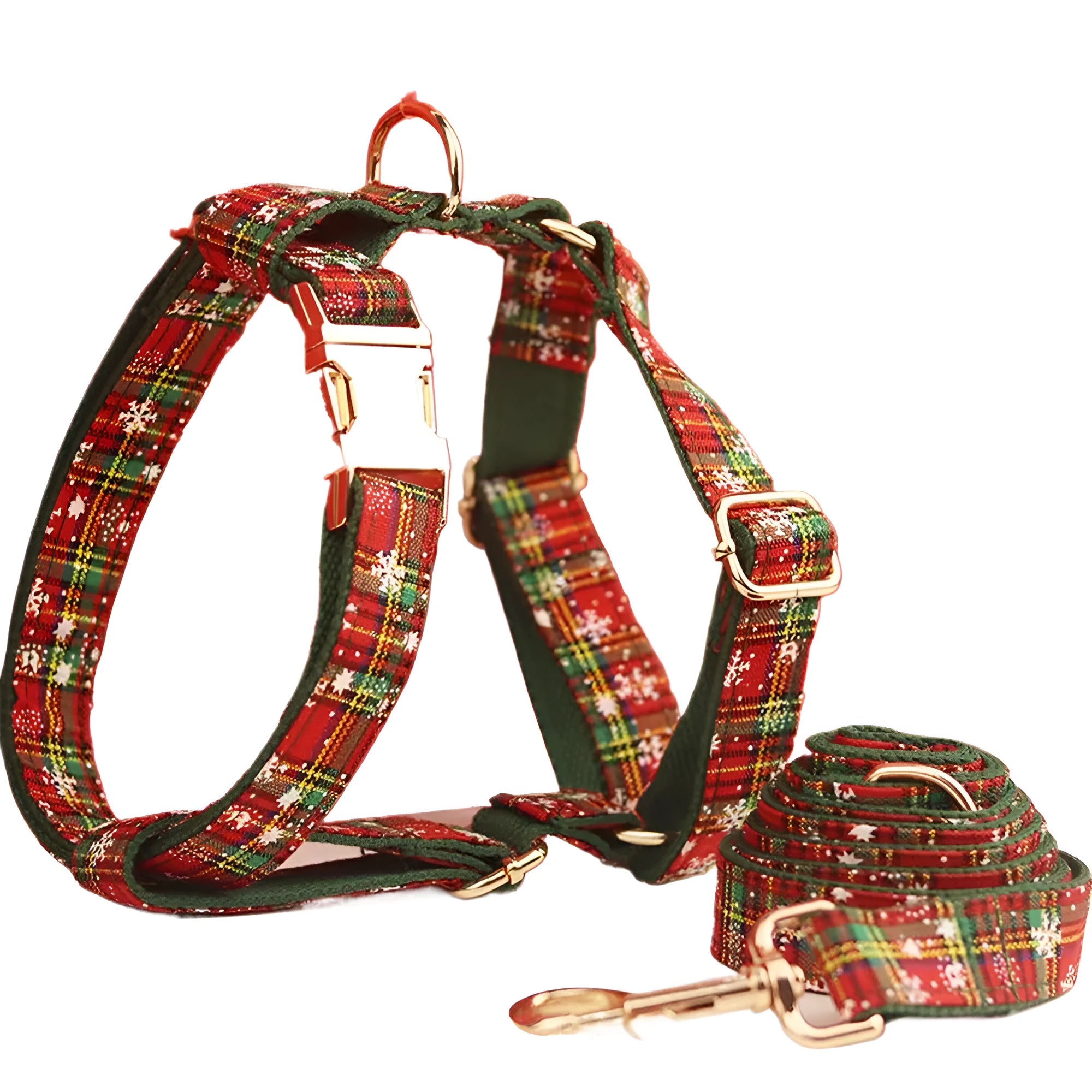 Green fabric Christmas pet collar and leash set with snowflake pattern, including a vest and decorative bow.