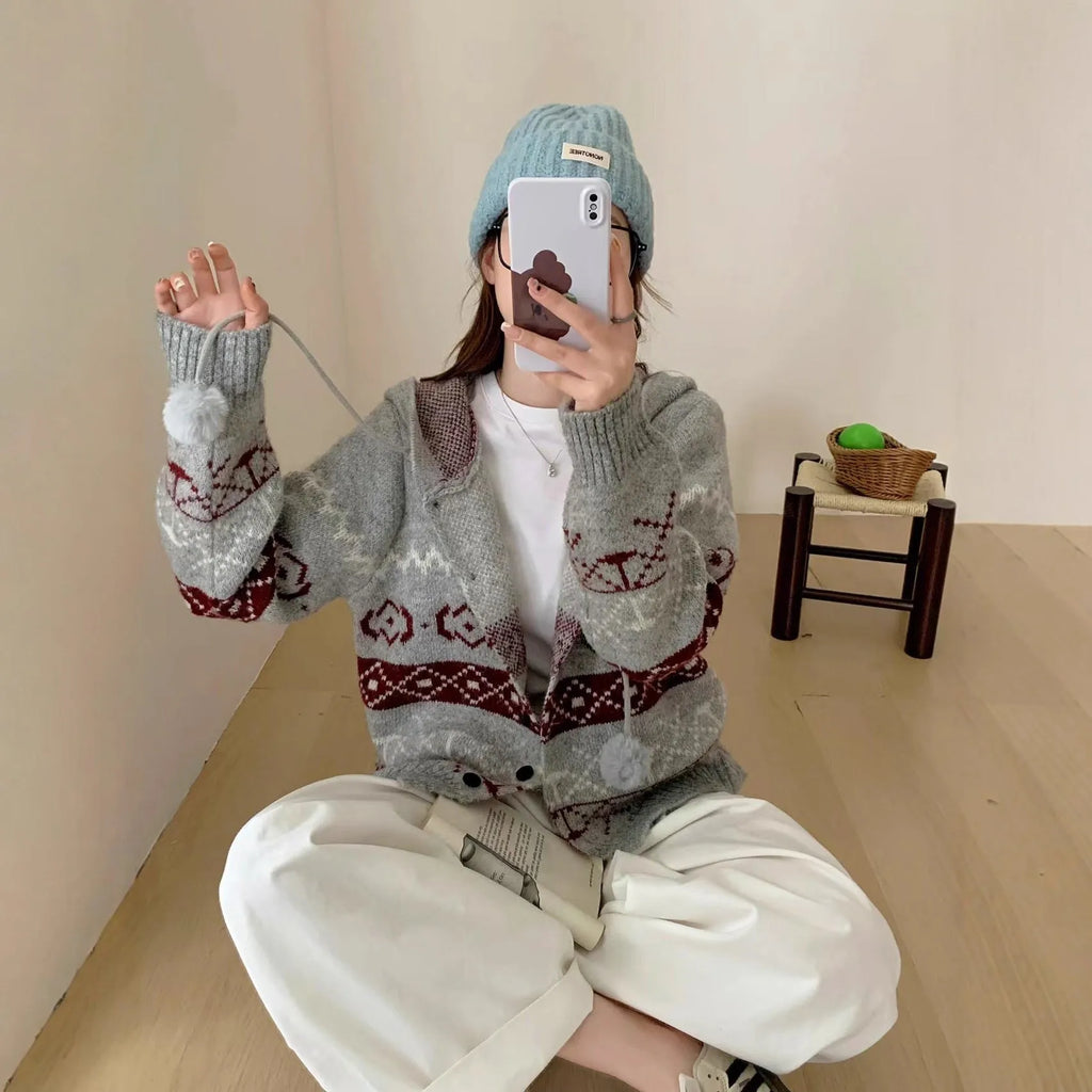 Geometric pattern brocade sweater coat for plus size women in loose fit.