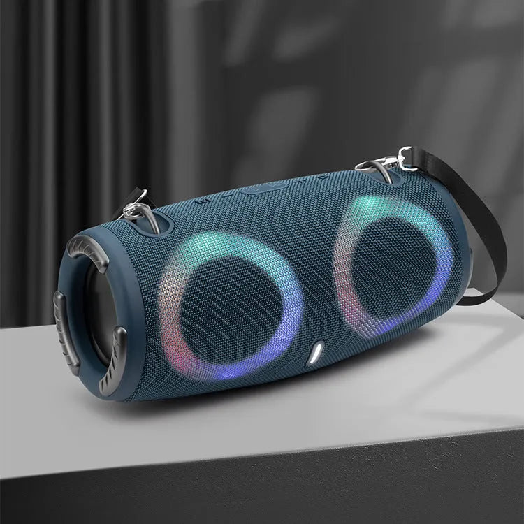 War Drum portable Bluetooth speaker in multiple colours with RGB lights and a carrying strap.