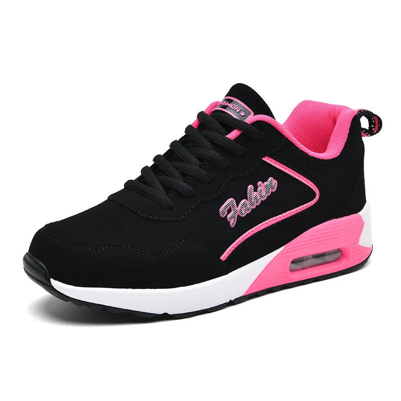 Women's plus size air cushion sports shoes, artificial leather, round toe, lace-up, low top, flat heel, in black pink colourway