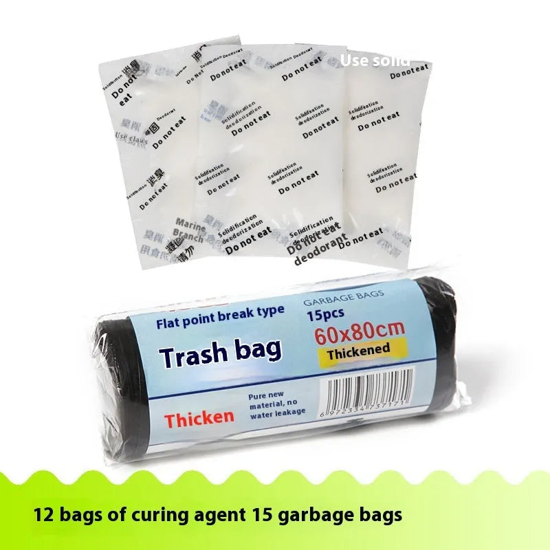 Disposable emergency urine bag kit with black degradable bags and curing agent sachets.