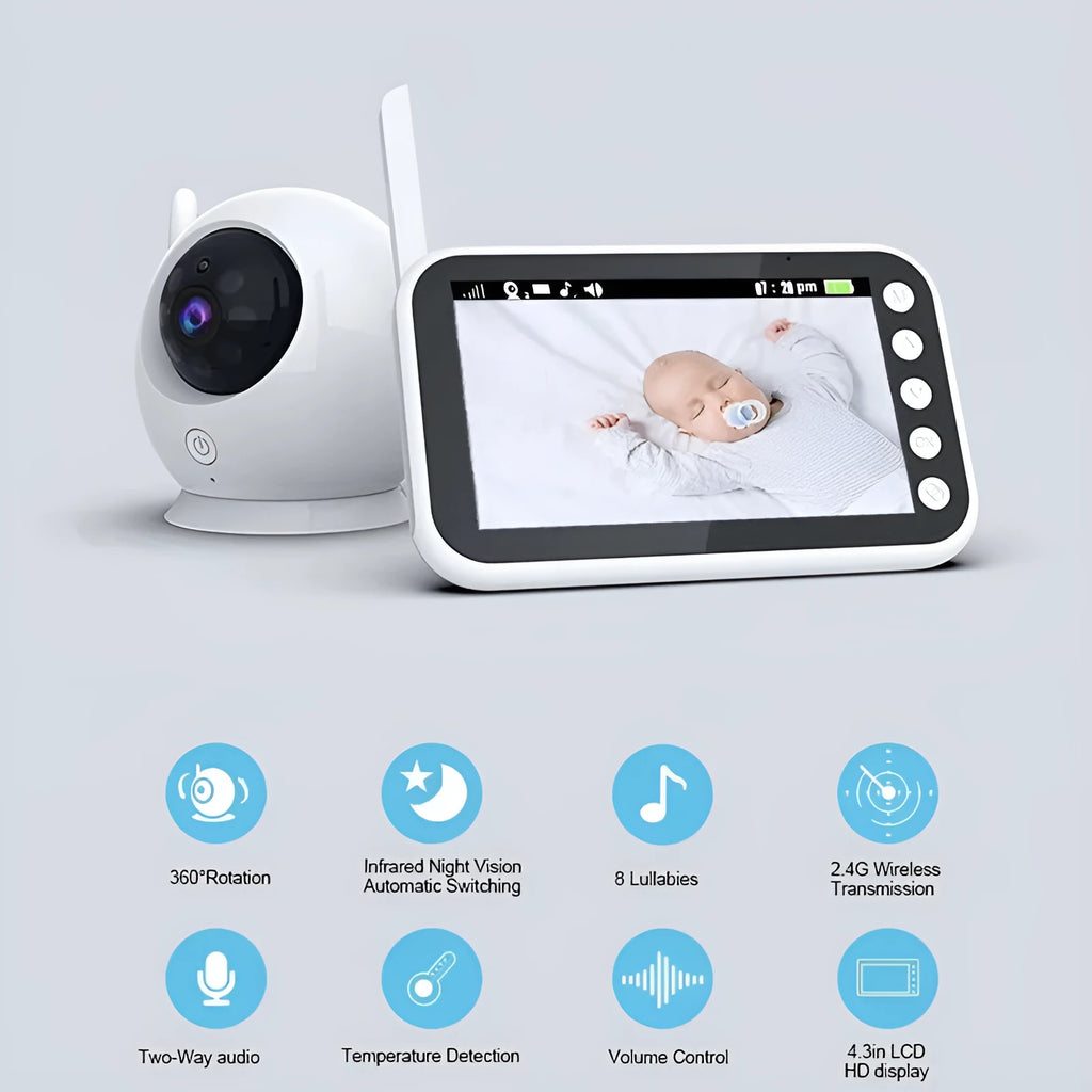 Baby monitor with 4.3-inch LCD screen showing baby in cot, night vision mode, camera with 120-degree rotation
