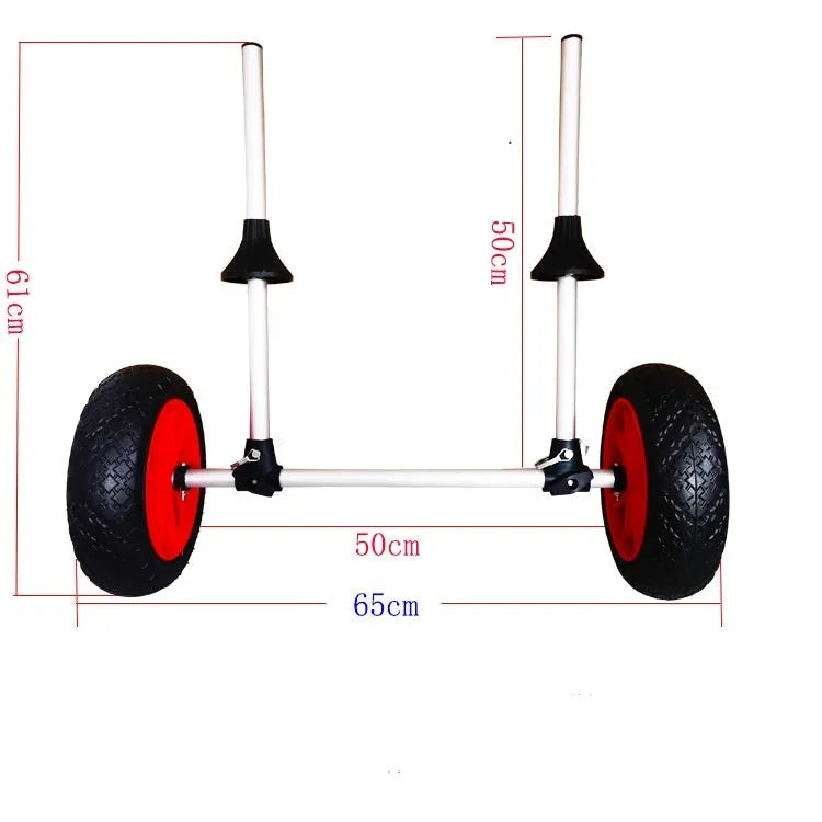 Foldable kayak beach trailer with aluminium frame and rubber wheels on sand.