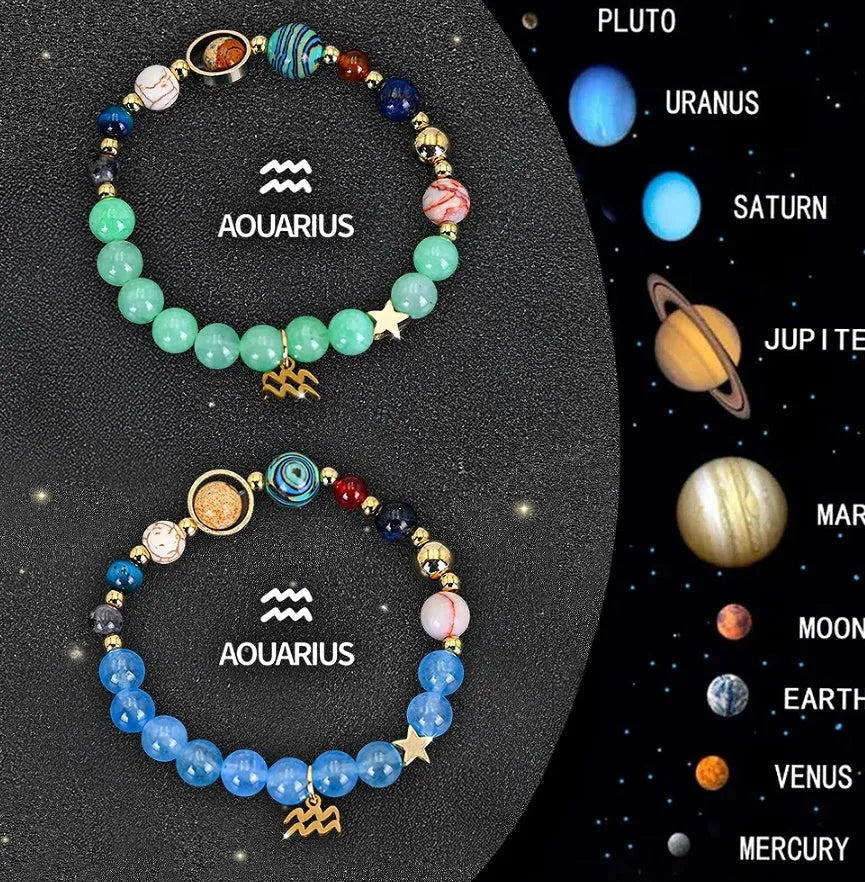 Two natural stone beaded bracelets with zodiac signs on an adjustable elastic cord.