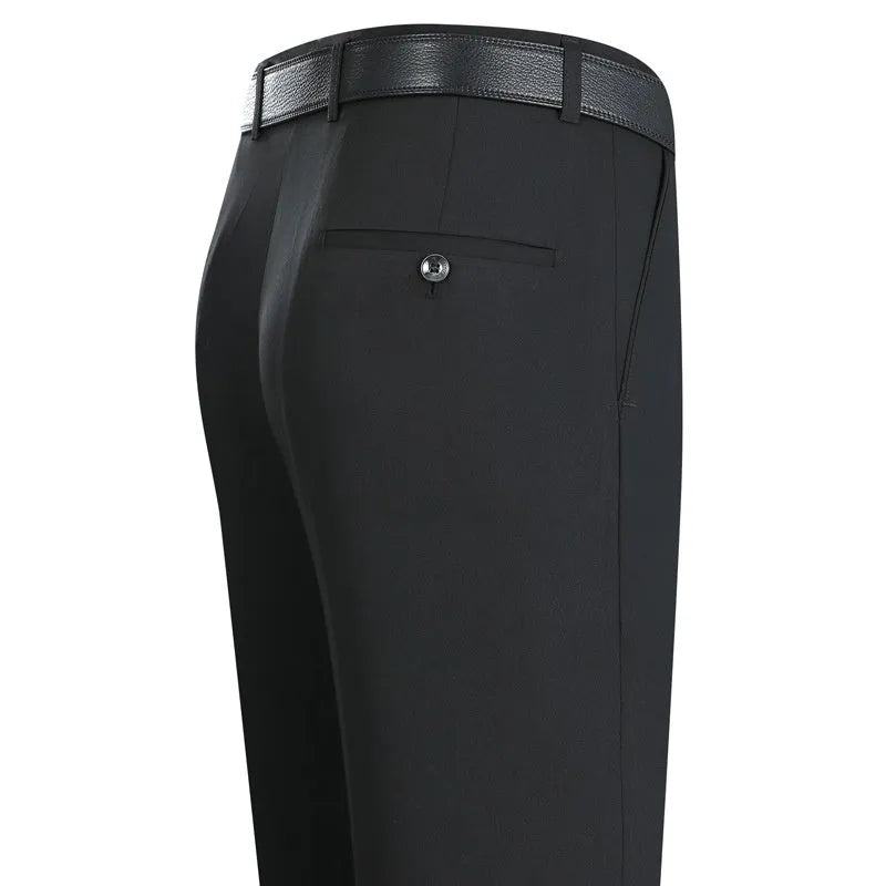 Men's straight leg non-ironing suit trousers in a mulberry silk blend fabric, shown in dark blue.