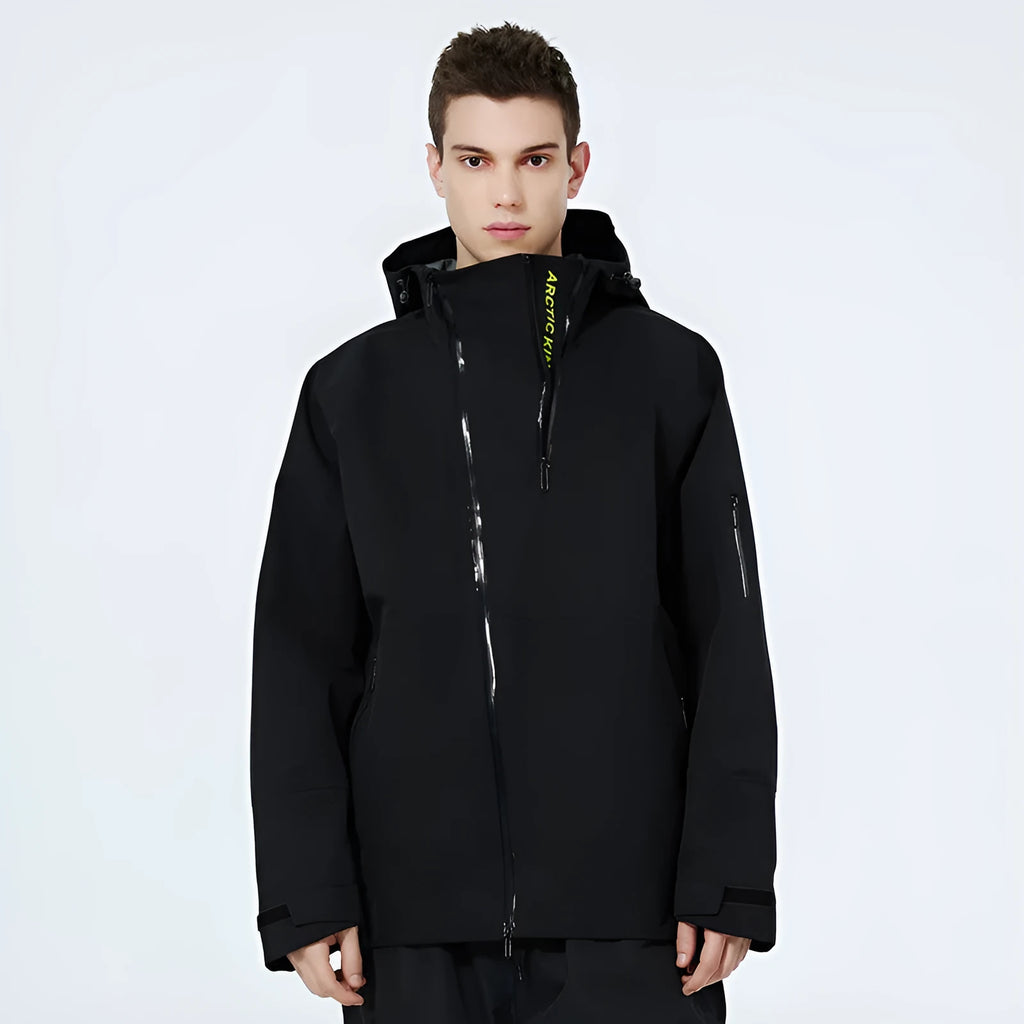Unisex double plate ski suit in black colour for windproof waterproof protection during winter sports