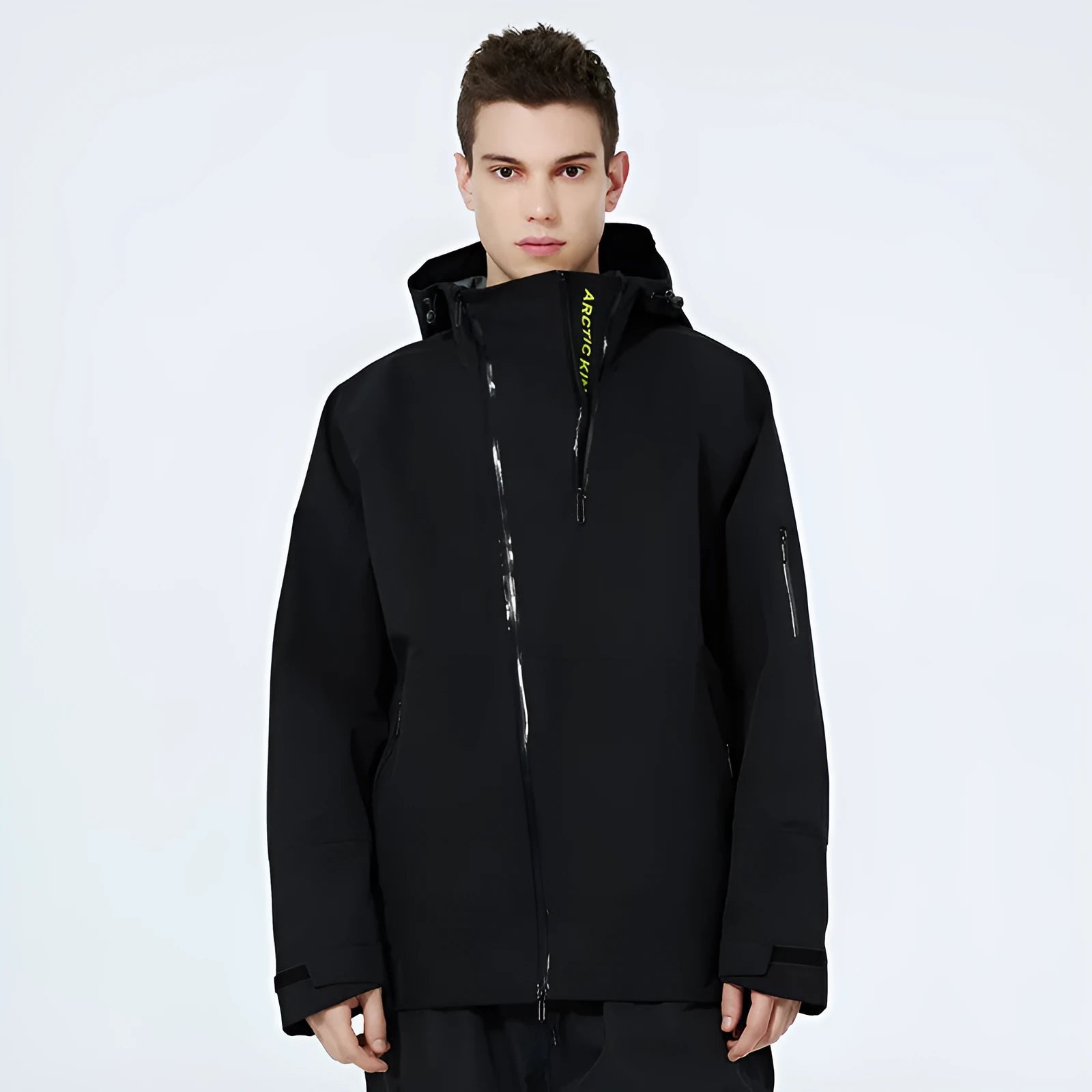 Unisex double plate ski suit in black colour for windproof waterproof protection during winter sports