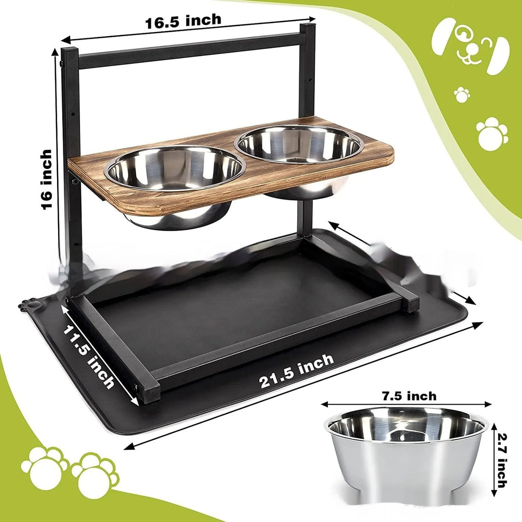 Black iron raised dog food and water bowl stand with separate cushions