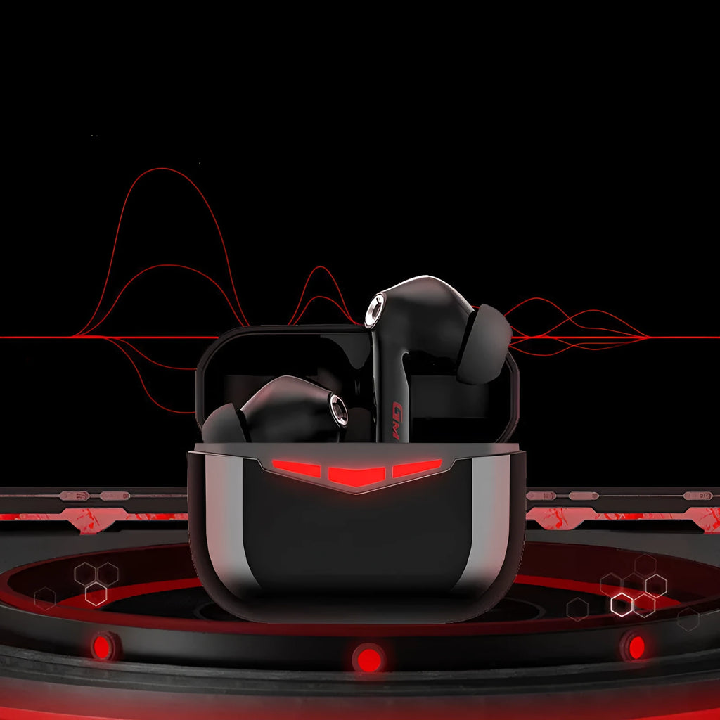 True wireless in-ear Bluetooth gaming earbuds with charging case in black, pink, white, or grey.
