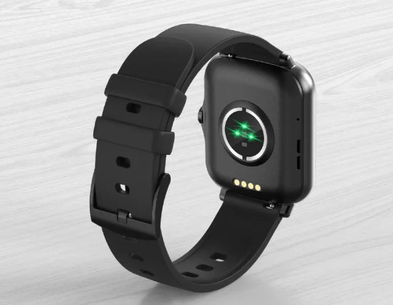 Smart watch with 1.7-inch colour touch screen on adjustable strap, shown in black, blue, or gold.