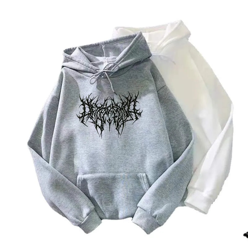 Unisex couple hoodie with letter print in cobweb black, street hipster style pullover