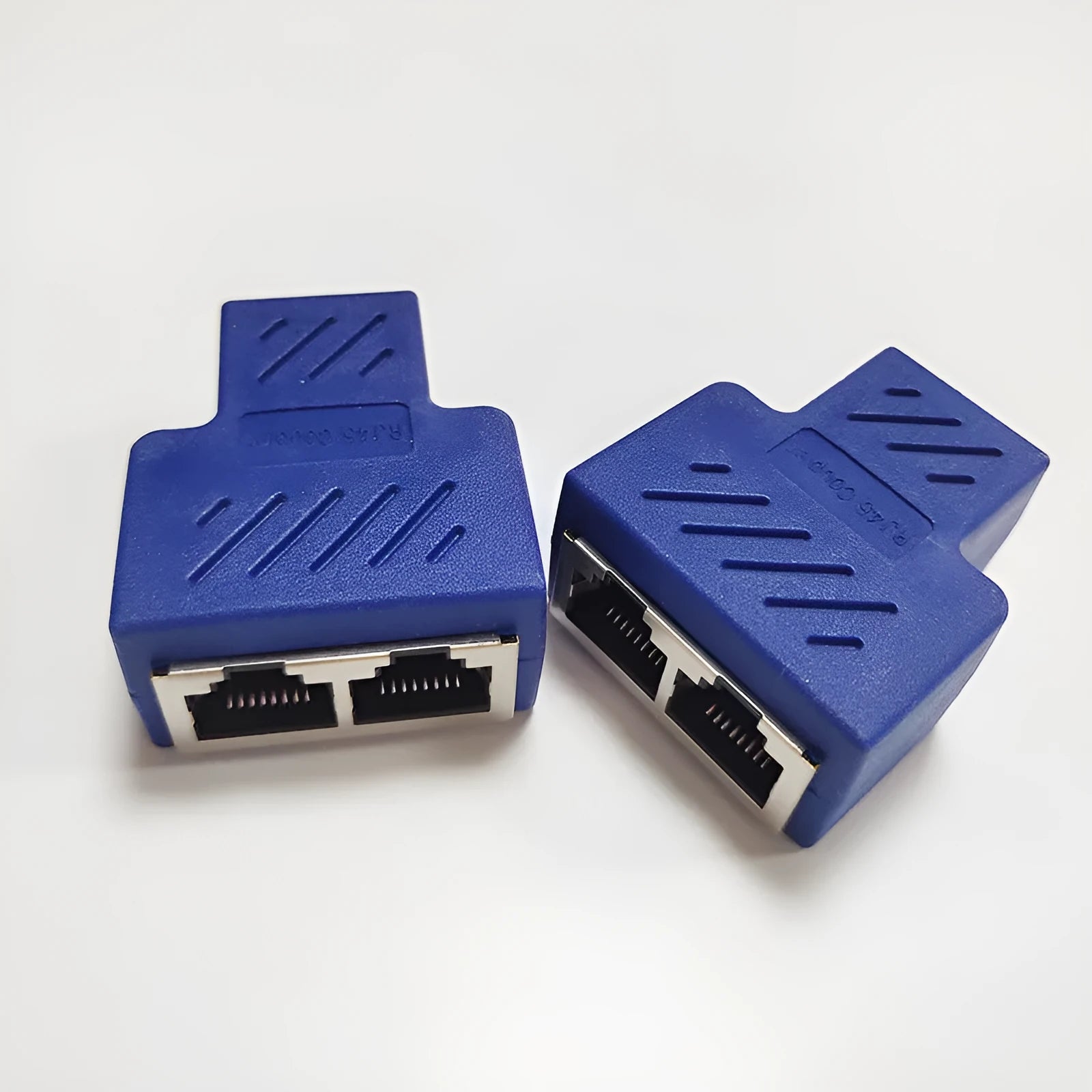 RJ45 network splitter adapter in multiple colours showing one-to-two Ethernet connection