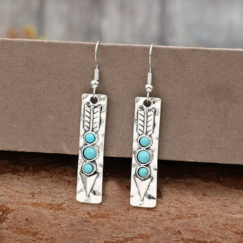 Silver geometric earrings with turquoise inlay on long strip zinc alloy design for women