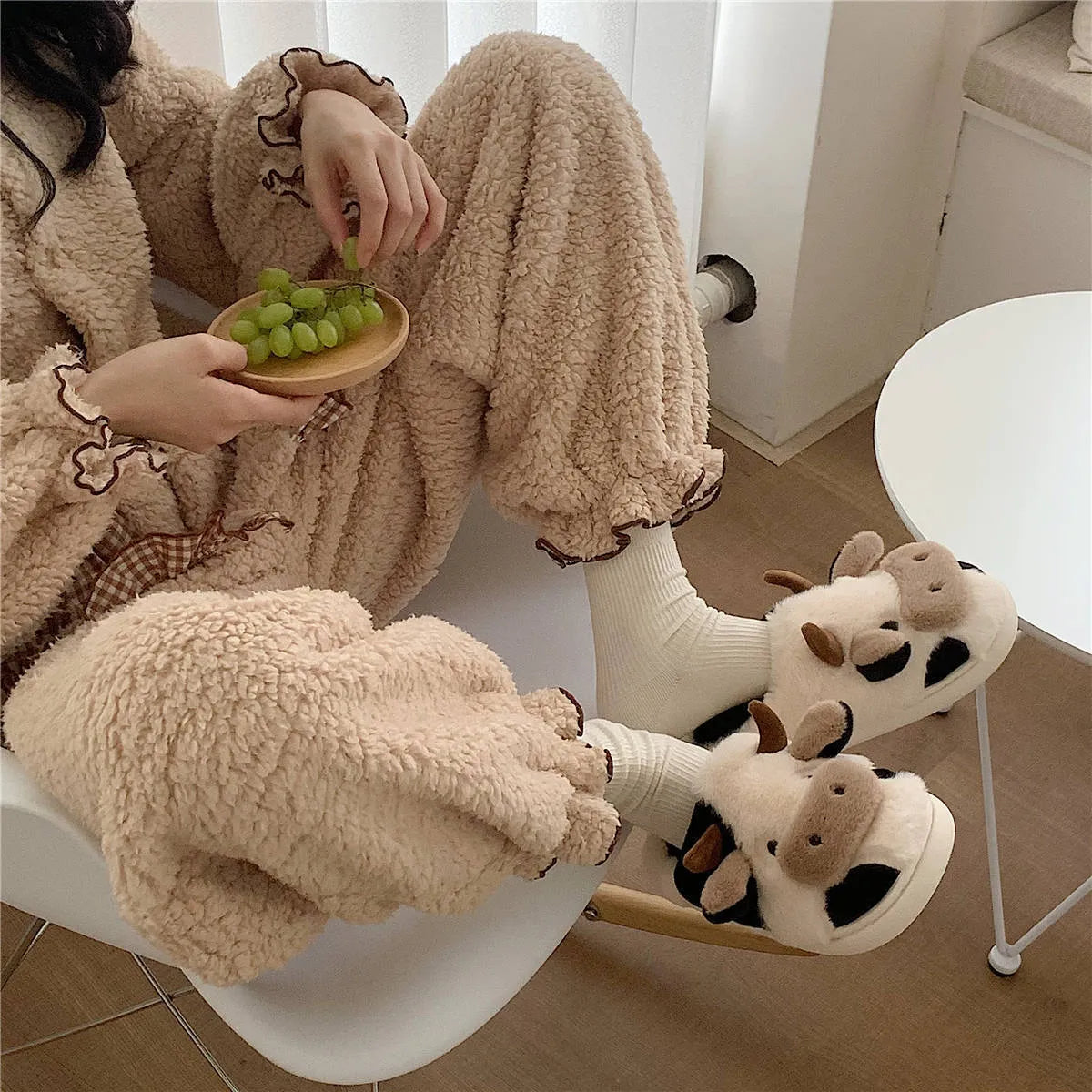 Women's white cow print faux fur slippers with anti-slip textured soles