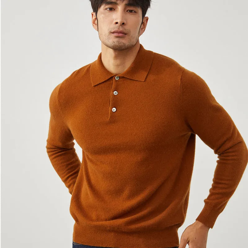 Man wearing a sapphire blue pure cashmere polo collar pullover sweater