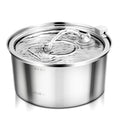 Stainless steel round pet water dispenser with 4 litre capacity and a faucet showing water level window.