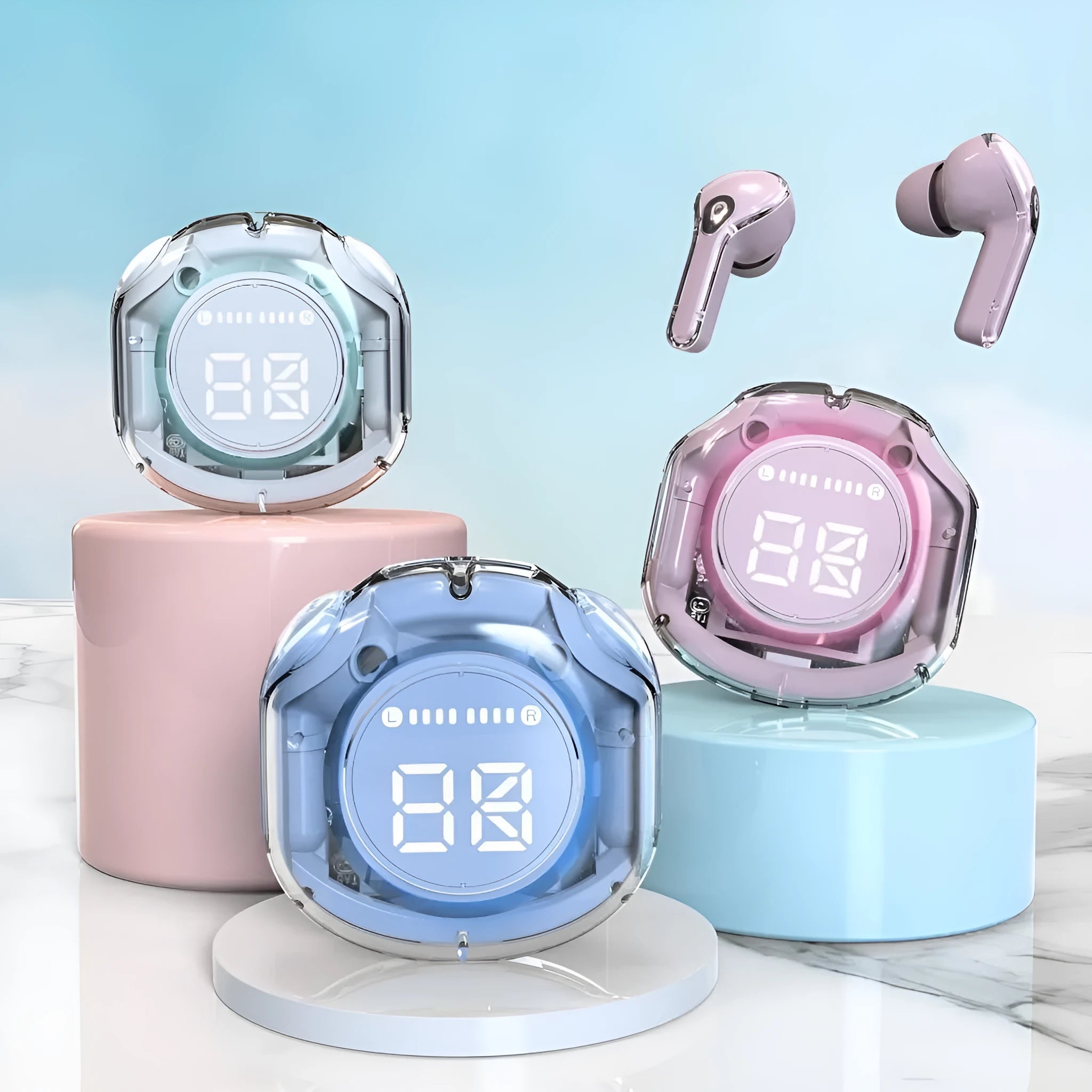White wireless Bluetooth in-ear headset with earhook and optional breathing light on a transparent background.