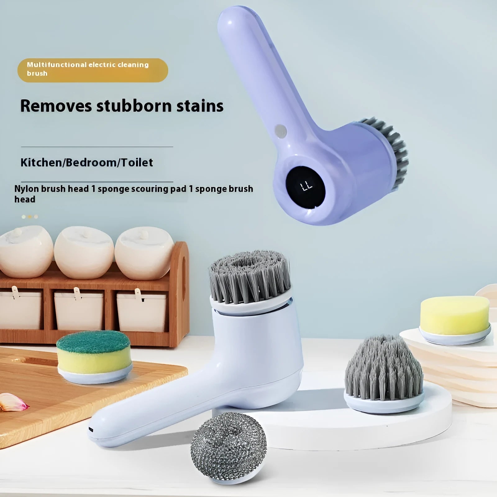 USB electric cleaning brush in light grey or purple with interchangeable cleaning heads for kitchen use