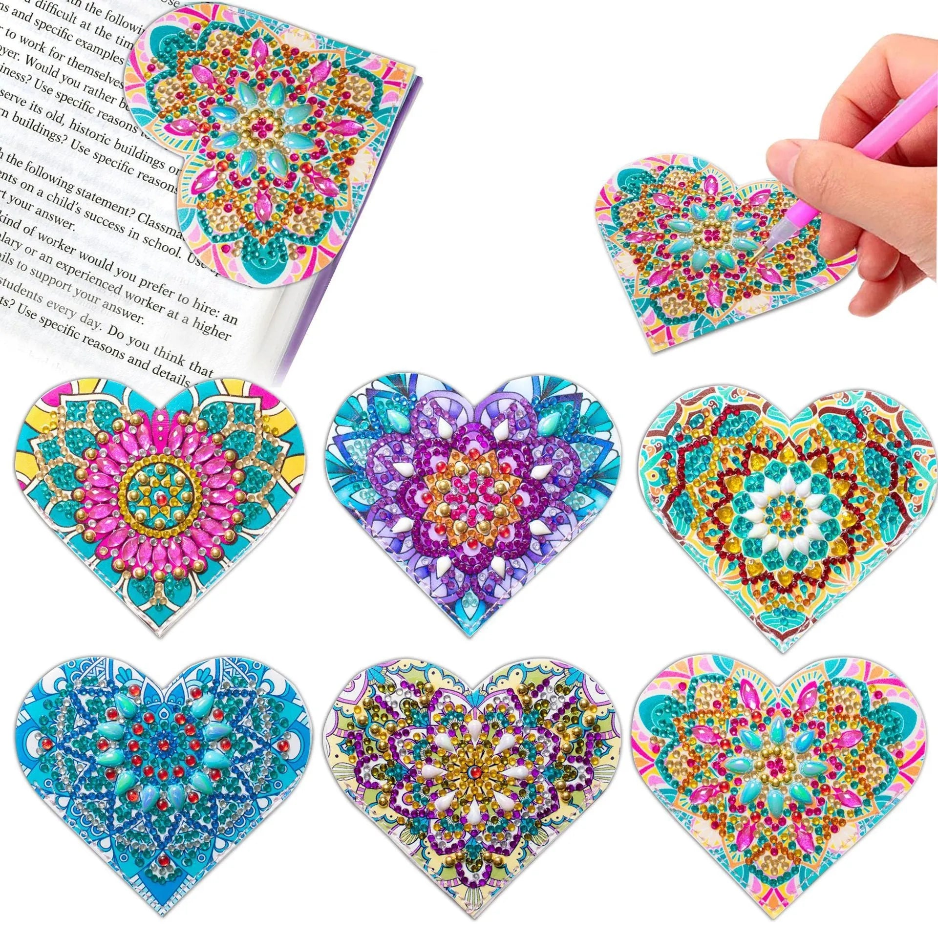 Set of six handmade PU leather cornerite bookmarks with stick-on crystal flower designs.