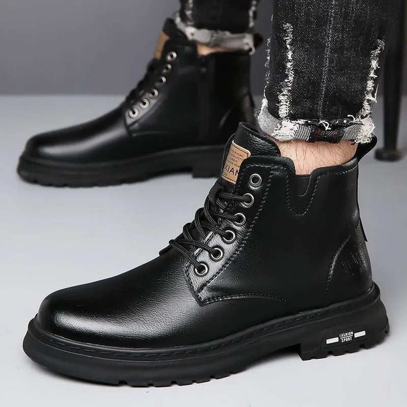 Men's black Martin lace-up boots with thick rubber sole and round toe on a neutral background.
