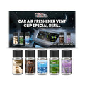 Car air freshener refill set with five 10ml bottles showing cologne, ocean, vanilla, lavender, and citrus scents