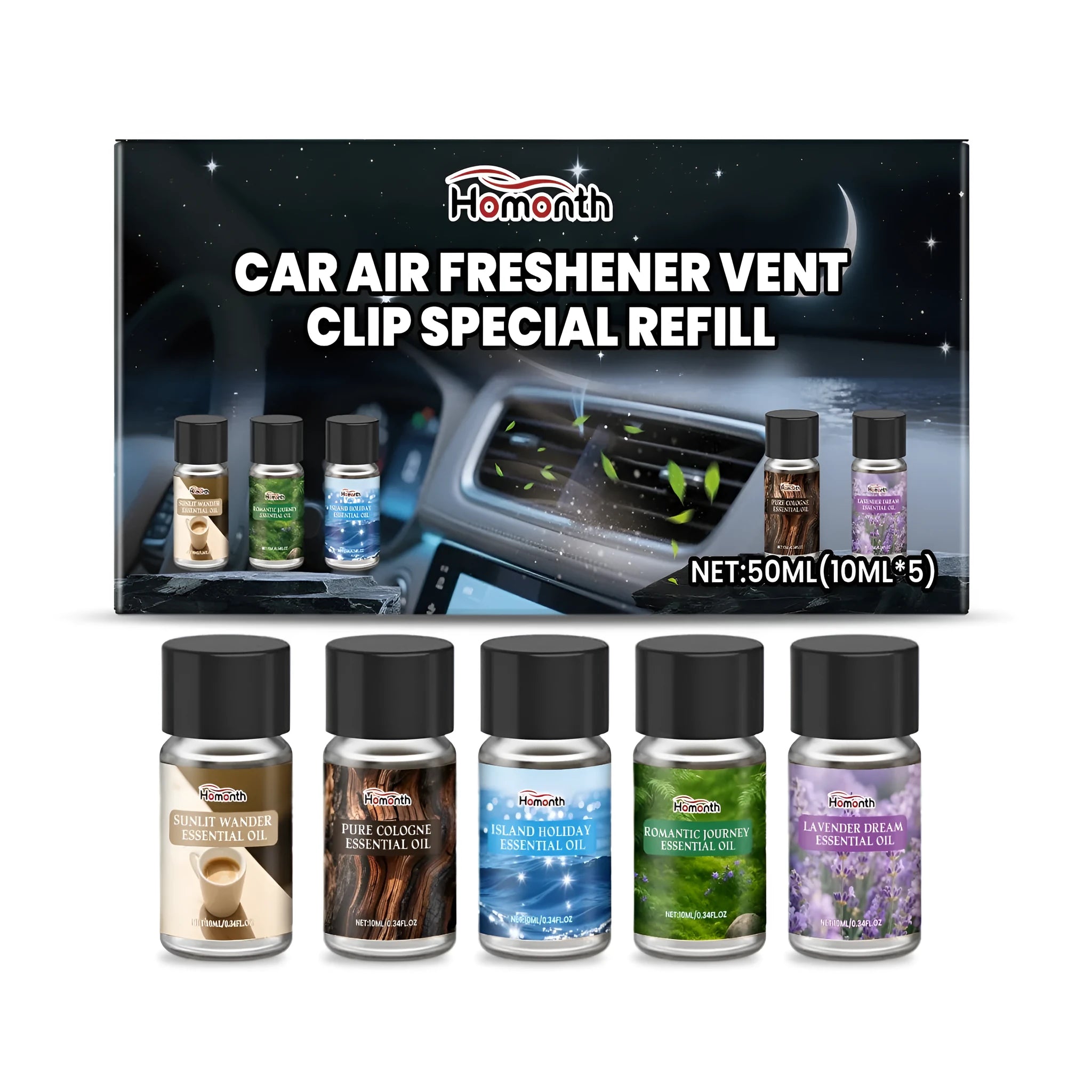 Car air freshener refill set with five 10ml bottles showing cologne, ocean, vanilla, lavender, and citrus scents