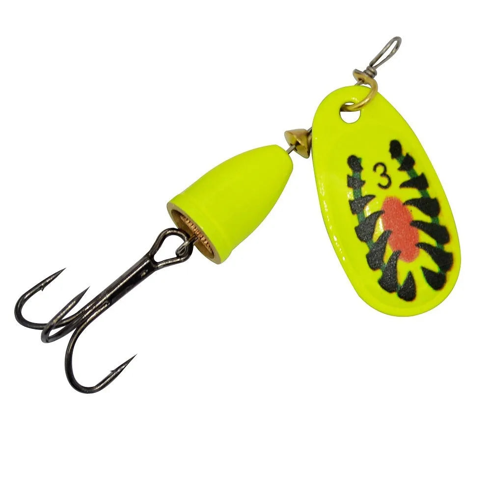 R composite rotating sequins copper bell metal fishing lure in multiple colour options on a blue background