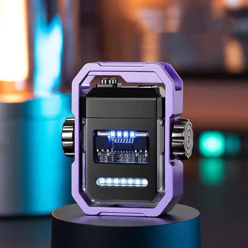 Blue windproof electric lighter with a double arc flame and a visible mechanical gyroscope mechanism.