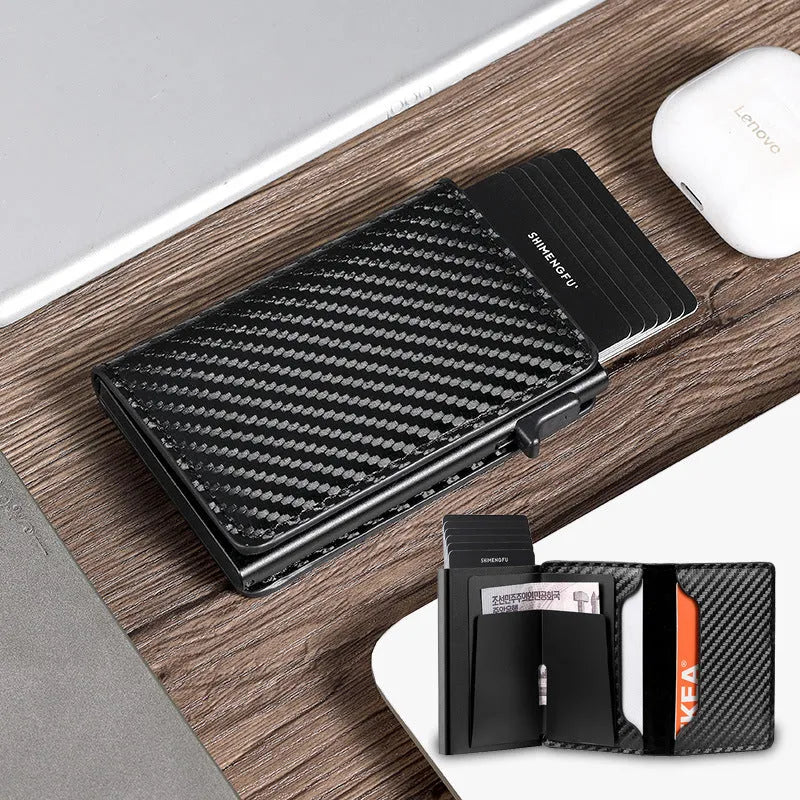 Pop-up aluminium alloy RFID blocking card wallet in retro PU leather, black colour option