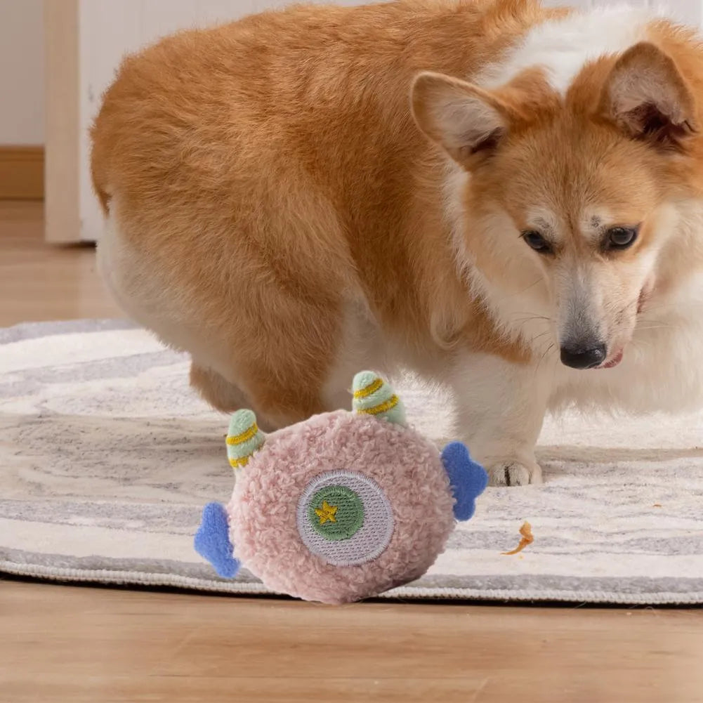 Cartoon-shaped plush dog chew toy with large eyes and squeaky sound feature
