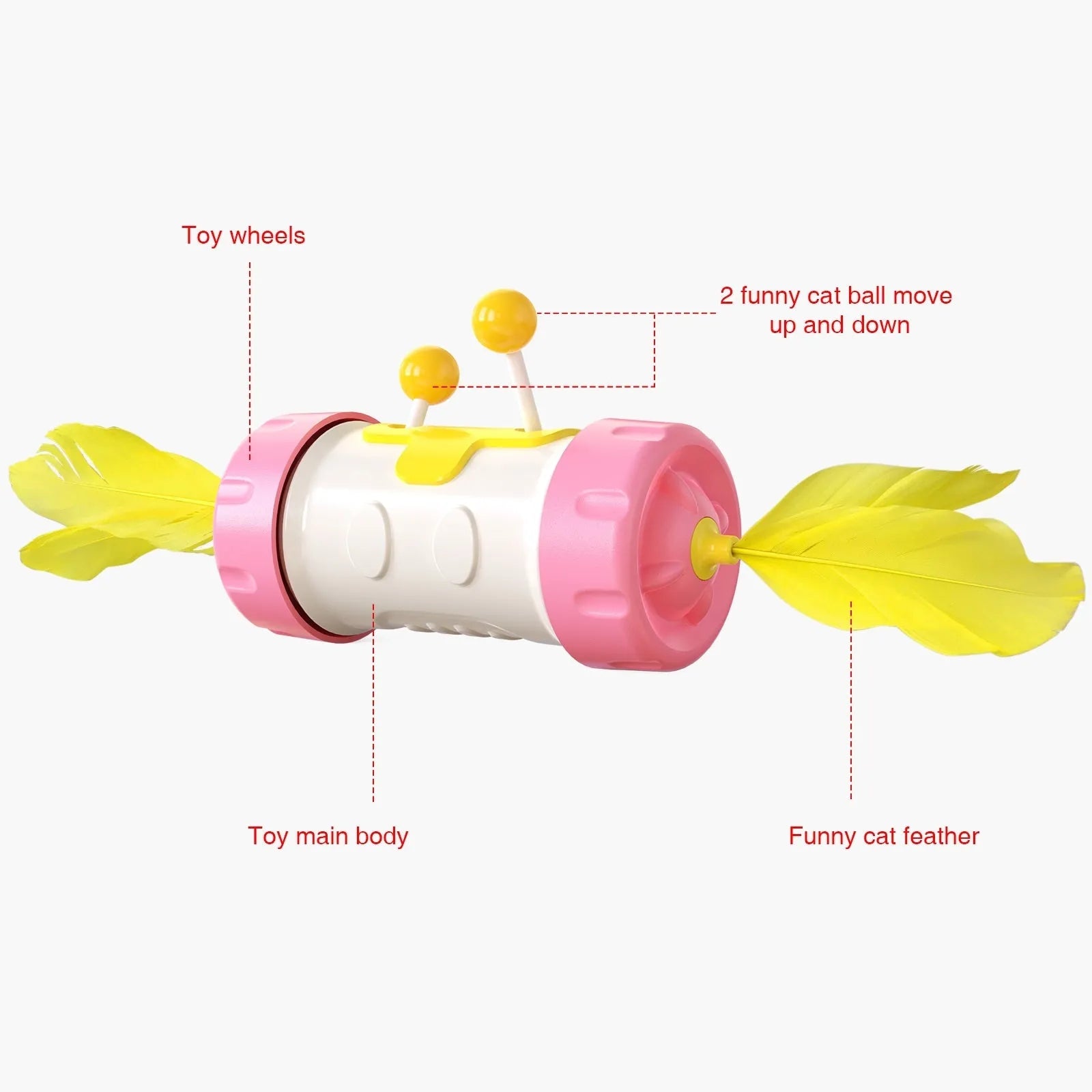 Interactive cat toy set with blue stick pole, feather ball, and yellow rolling tumbler puzzle on a floor.
