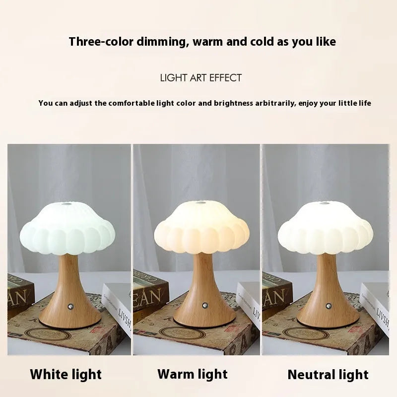 Mushroom-shaped touch control table lamp with USB charging port in wood grain colour.