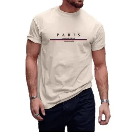Men's loose fit cotton t-shirt with a printed letter design on the front, shown in apricot colour.