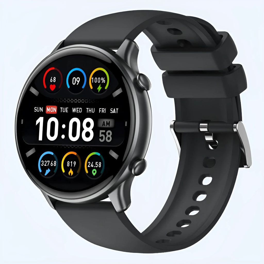 Round smart sports watch with touch screen showing heart rate display on black silicone strap