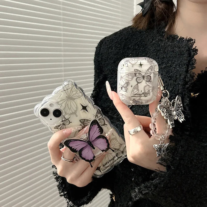 Butterfly TPU protective cover for AirPods with beaded pendant and embossed cartoon design