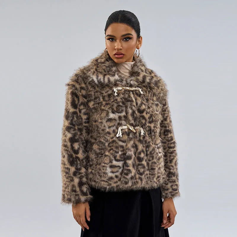 Women's leopard print polyester coat with regular sleeves in street fashion style