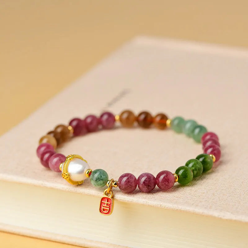 Geometric chalcedony and tourmaline crystal bracelet with 6.5mm beads