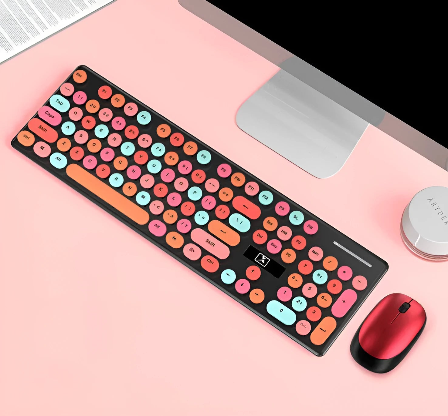 Xinmeng N620 Vibrant Yellow Mixed Colour wireless keyboard and mouse set on a desk