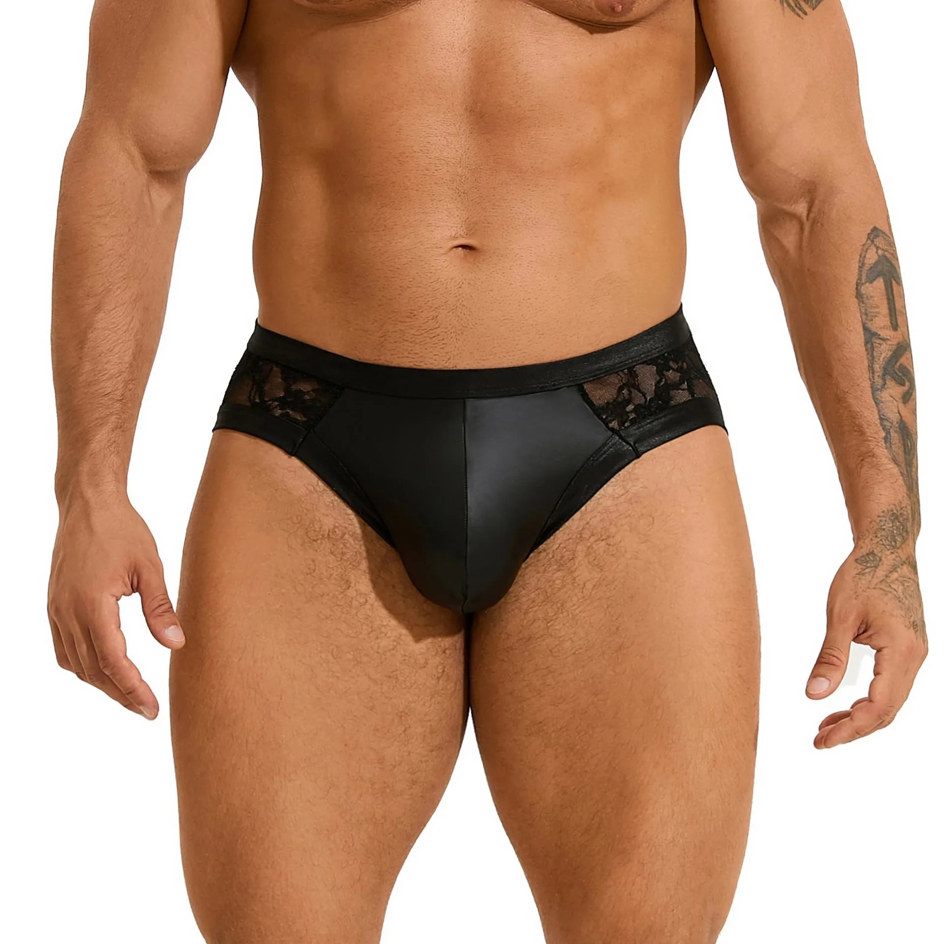 Black PU leather men's briefs with visible stitching and lace detailing on a mannequin.