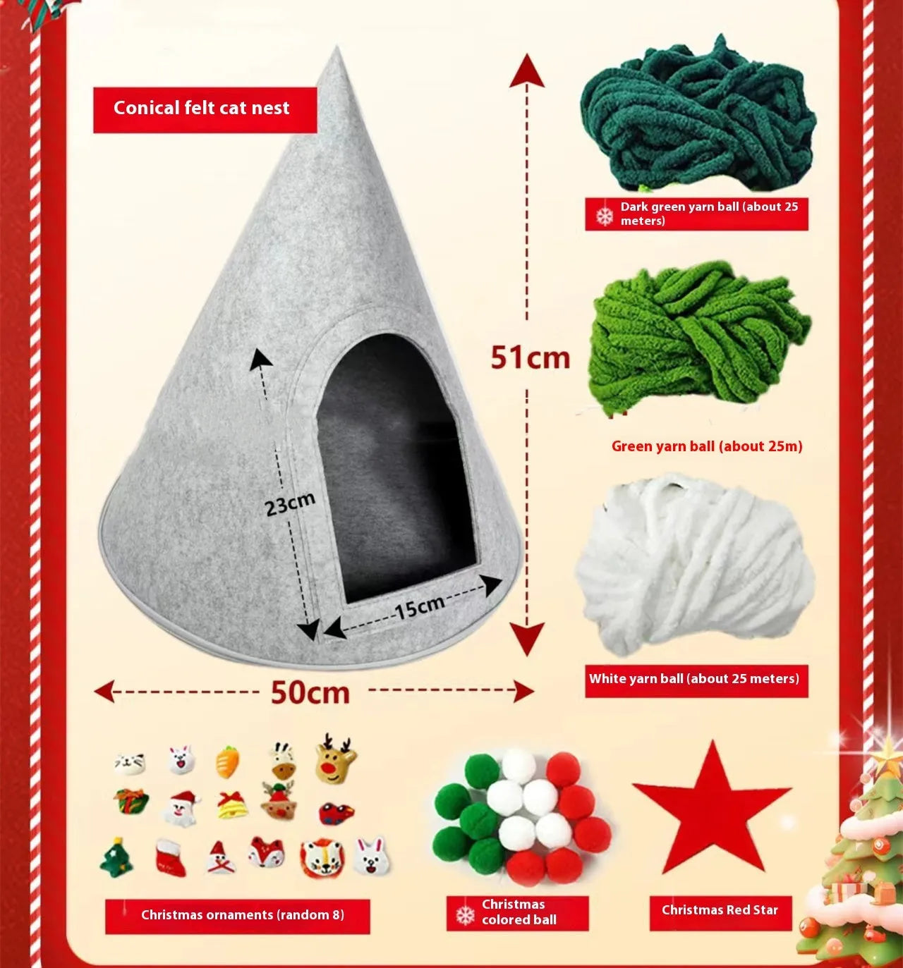 Grey handmade felt cone cat house with enclosed tent design measuring 50cm