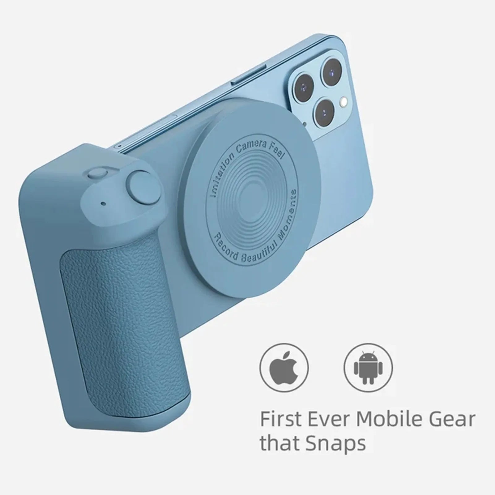 Black magnetic phone camera grip holder with rotatable bracket on a table.