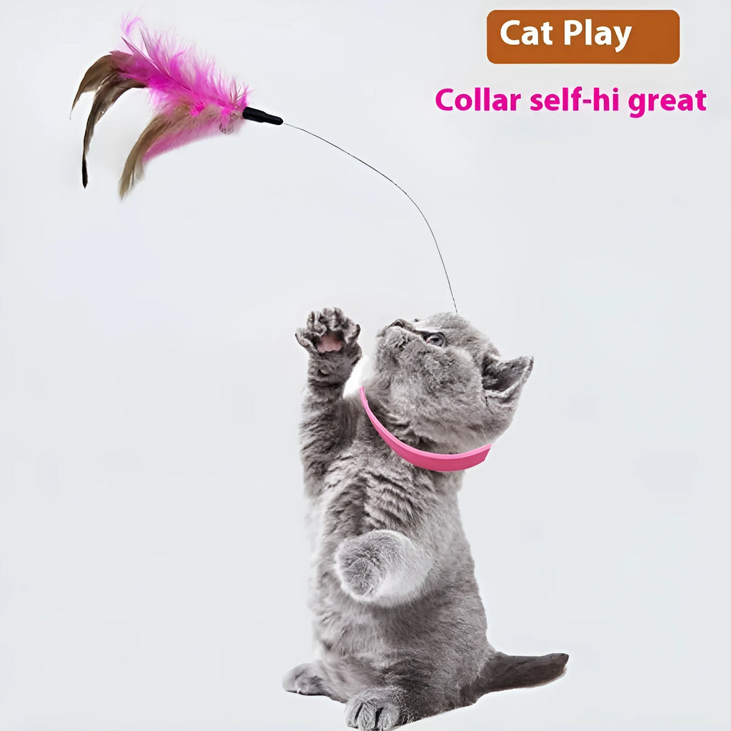 Adjustable cat collar toy with elastic feather teaser in pink or blue colour options