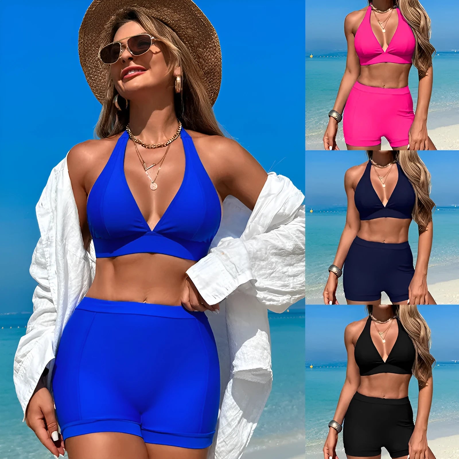 Women's black split bikini swimsuit with sleeveless design on a mannequin.