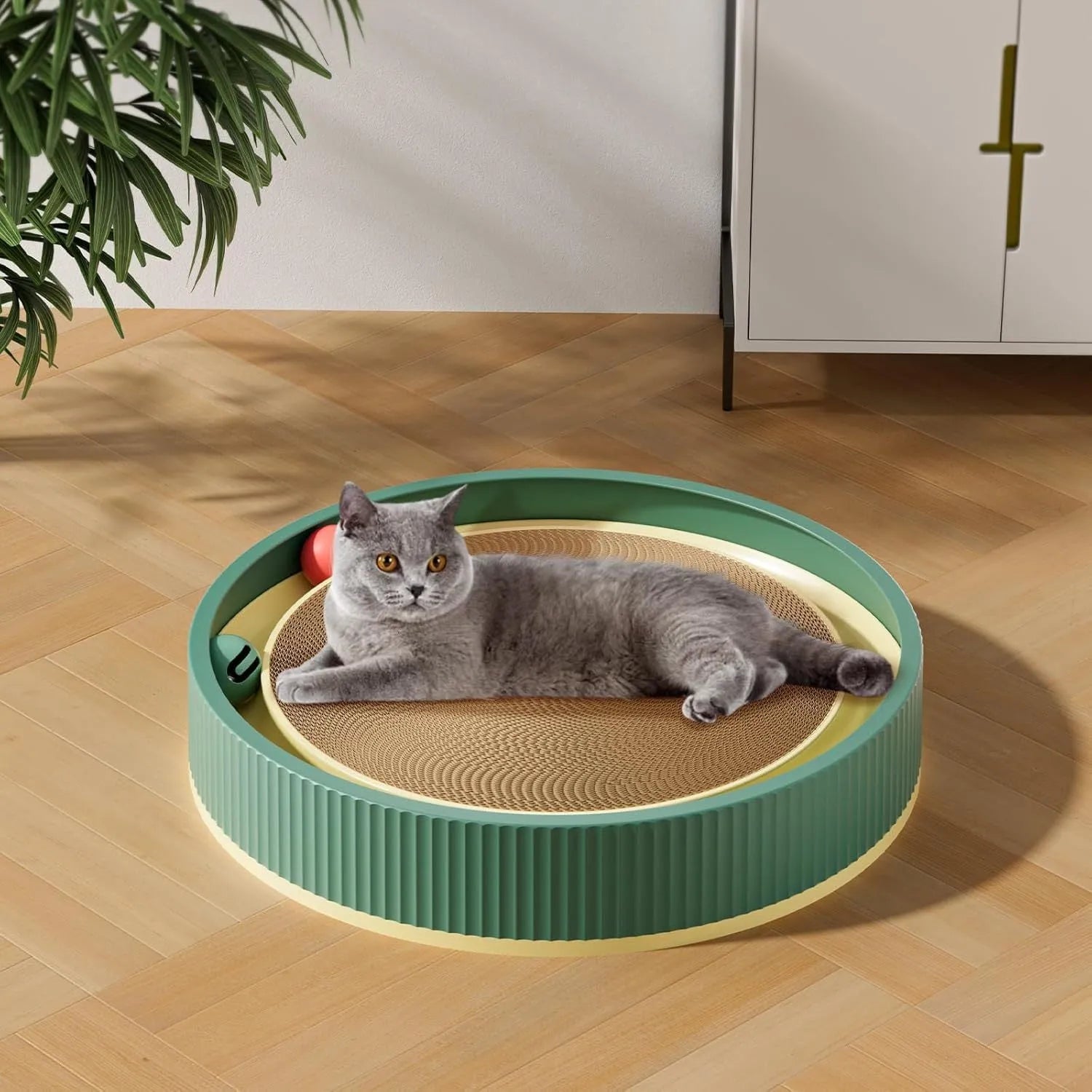 Large circular green cat scratching board with built-in ball toys and a replaceable cardboard core.